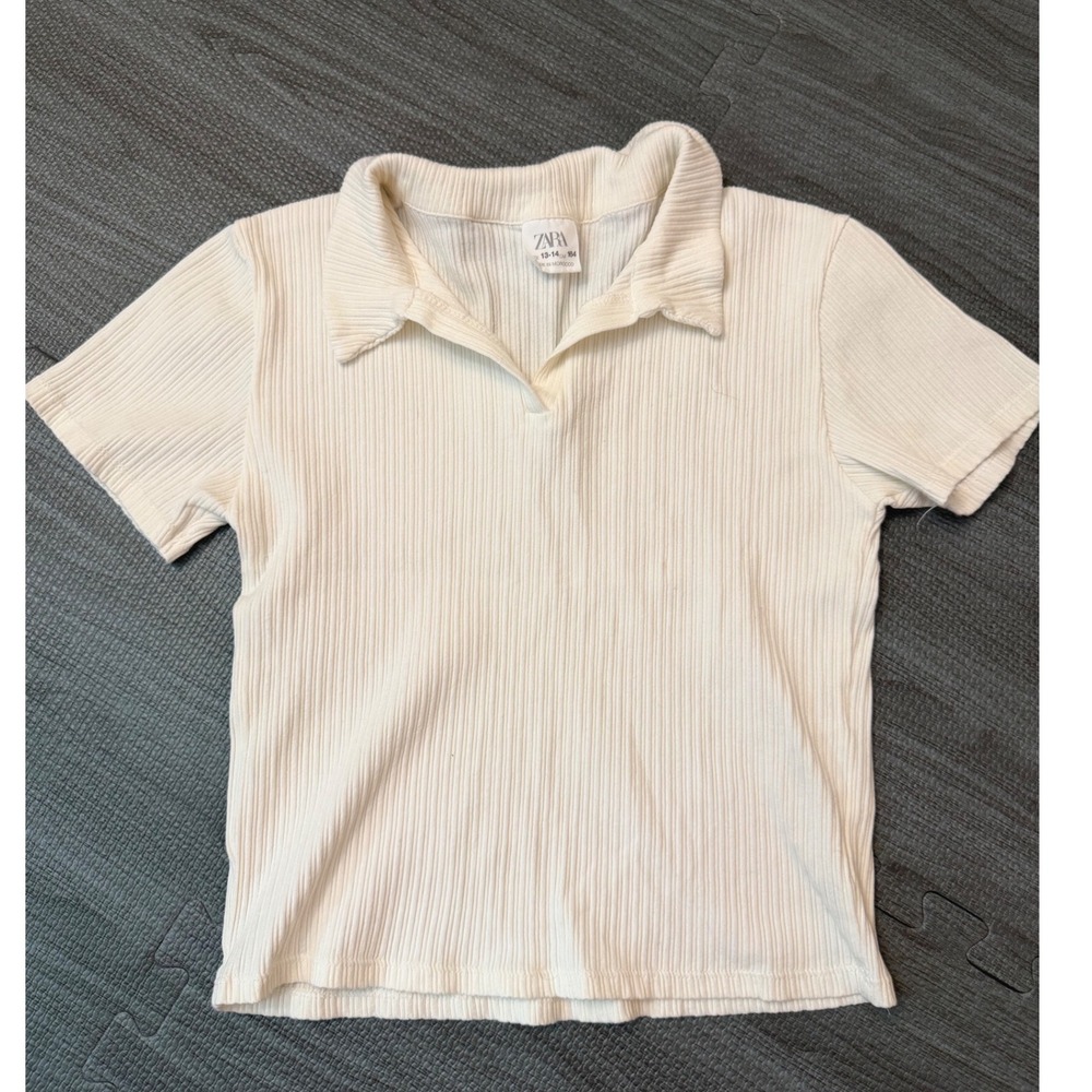 Zara Kids Girls White/Cream Ribbed Knit Polo Shirt‎ Short Sleeve Size 13-14